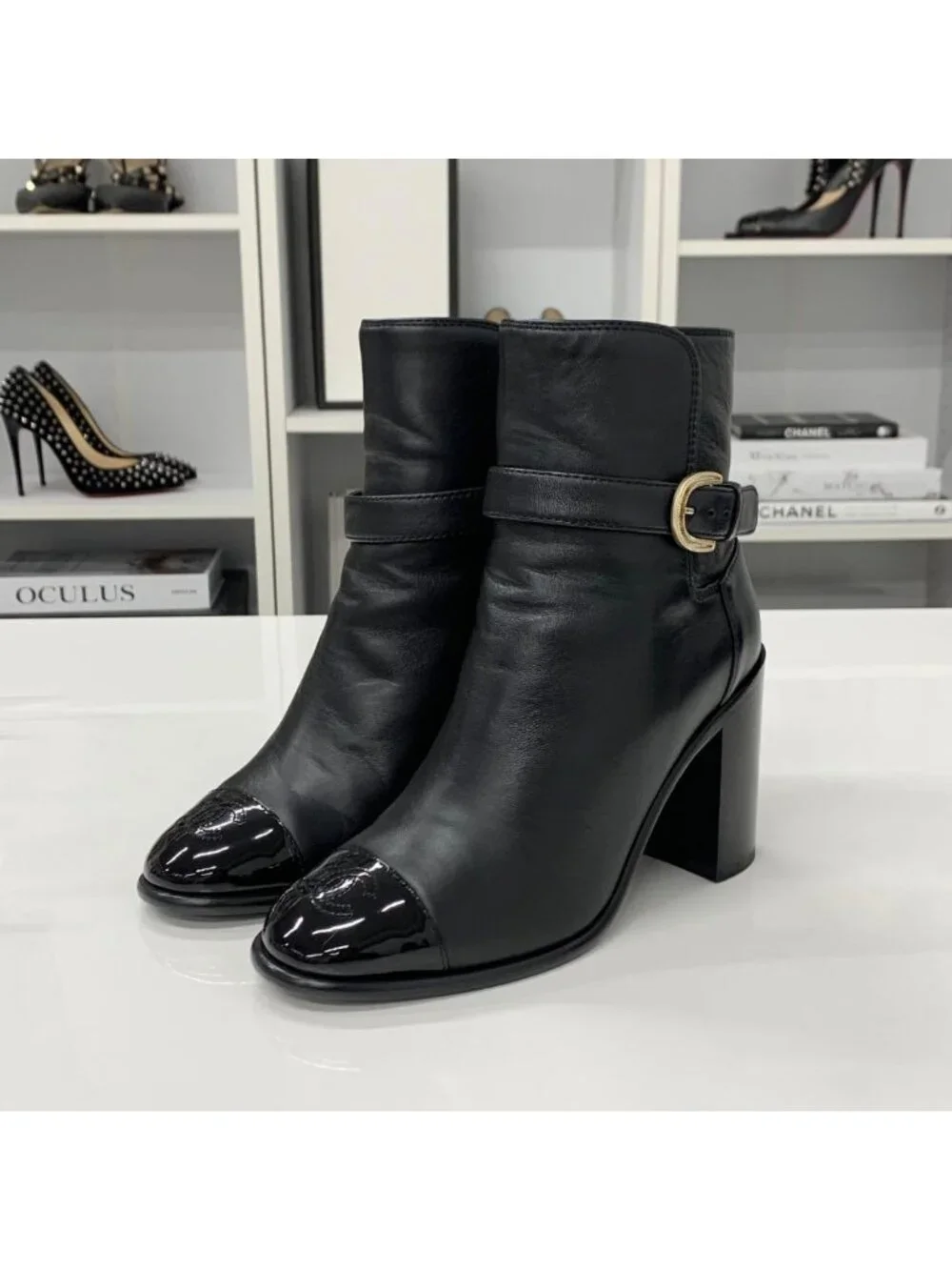 Chanel CC Logo Belt Leather Patent Short Boots Black